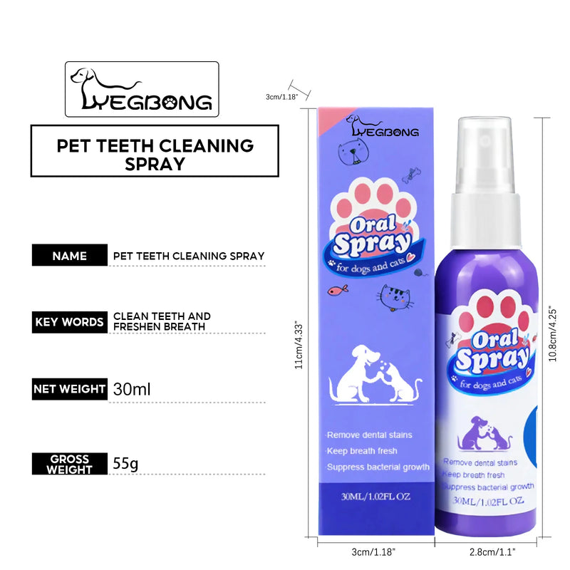 Spray de limpeza. Removedor de manchas de cálculo nos dentes de cães e gatos.