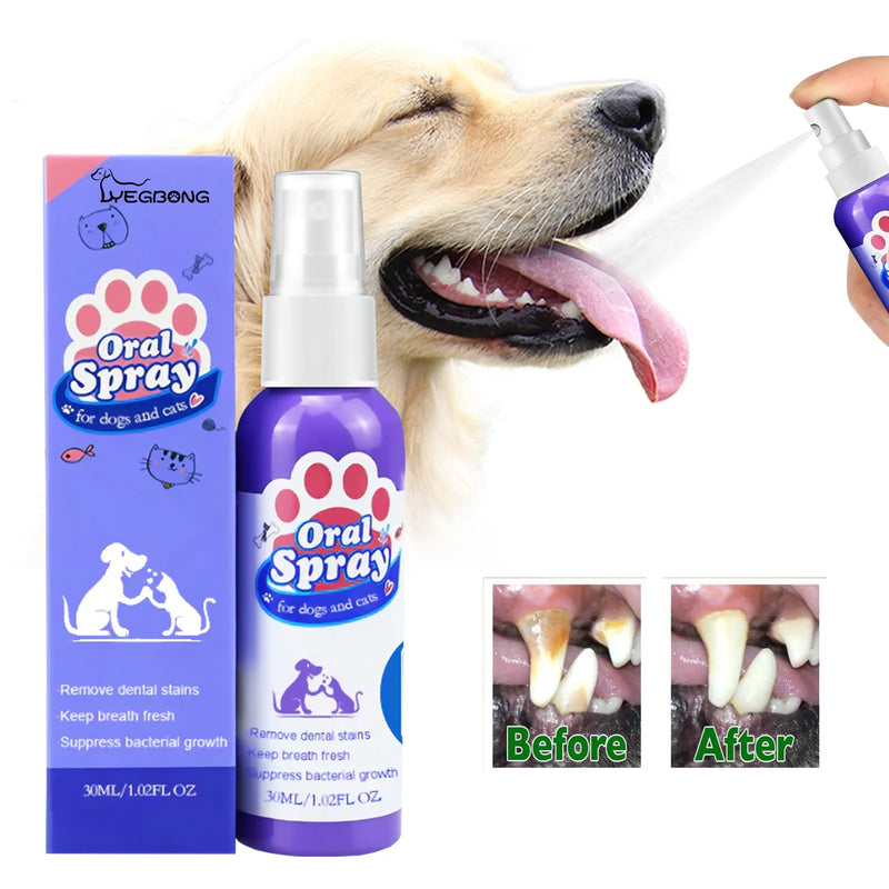 Spray de limpeza. Removedor de manchas de cálculo nos dentes de cães e gatos.