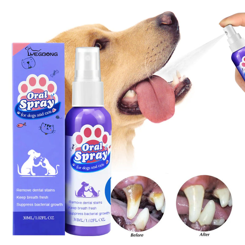 Spray de limpeza. Removedor de manchas de cálculo nos dentes de cães e gatos.