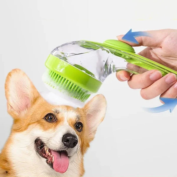 Escova de banho para cães e gatos. Armazena e libera xampu.