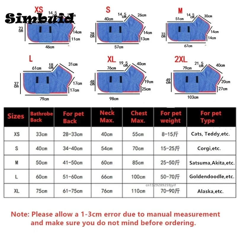 Roupão de banho super absorvente para cães e gatos de grande porte. Secagem rápida